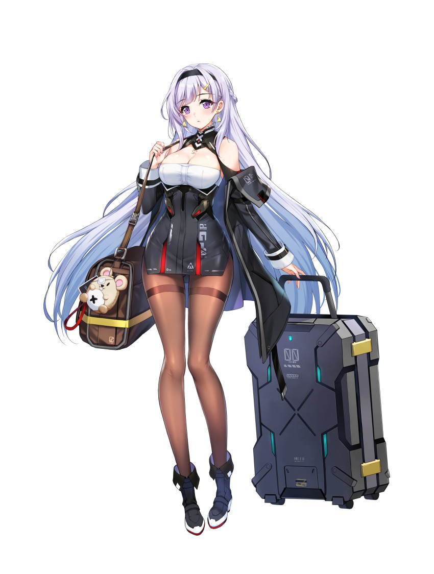 1girl :o absurdres ankle_boots bag bag_charm black_boots black_dress black_headband black_jacket boots breast_tattoo breasts brown_bag brown_pantyhose charm_(object) cleavage cleavage_cutout clothing_cutout counter:side dress duffel_bag eyepatch hair_ornament hairclip hamster headband highres holding holding_bag holding_suitcase id_card jacket lanyard long_hair lucid_(counter:side) official_art pantyhose pencil_dress pigeon-toed purple_eyes rolling_suitcase short_dress solo standing stuffed_hamster suitcase tachi-e tattoo thighband_pantyhose transparent_background very_long_hair white_hair