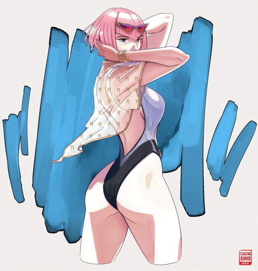 1girl absurdres ass blue_eyes bob_cut bracelet breasts calvin_sims cropped_legs gold_bracelet gold_necklace highleg highleg_one-piece_swimsuit highres jewelry manon_legrand necklace official_alternate_costume official_alternate_hairstyle one-piece_swimsuit pink-tinted_eyewear pink_hair simple_background solo standing street_fighter street_fighter_6 sunglasses swimsuit tinted_eyewear