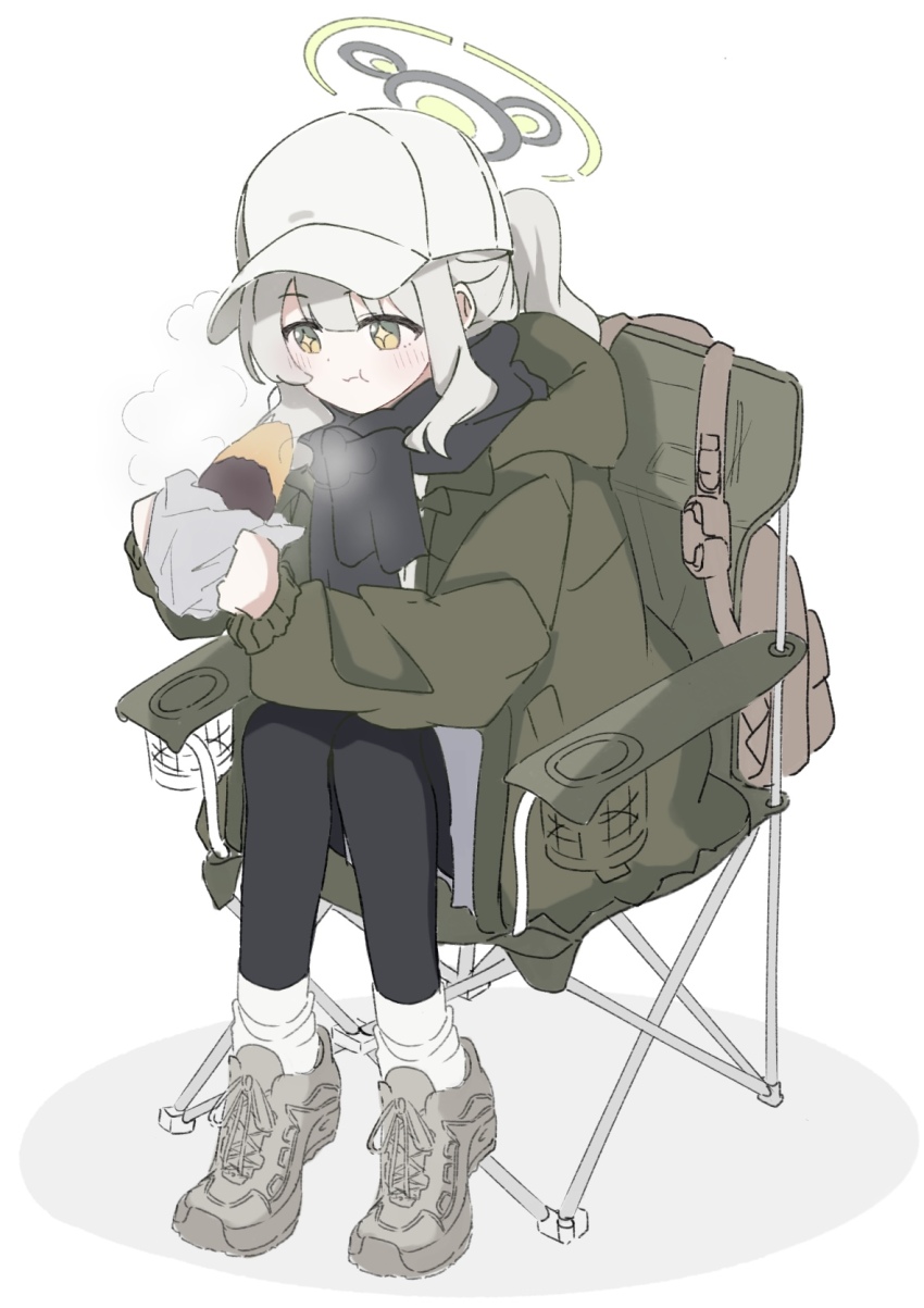 1girl :t backpack bag baseball_cap black_halo black_leggings black_scarf blue_archive blush chair coat commentary eating food full_body green_coat green_eyes green_halo grey_hair grey_shoes hair_between_eyes halo hare_(blue_archive) hare_(camp)_(blue_archive) hat highres holding holding_food hood hood_down hooded_coat leggings long_hair loose_socks minarin_(393939min) open_clothes open_coat ponytail roasted_sweet_potato scarf shadow shirt shoes sidelocks simple_background sitting socks solo sparkling_eyes sweet_potato white_background white_hat white_shirt white_socks
