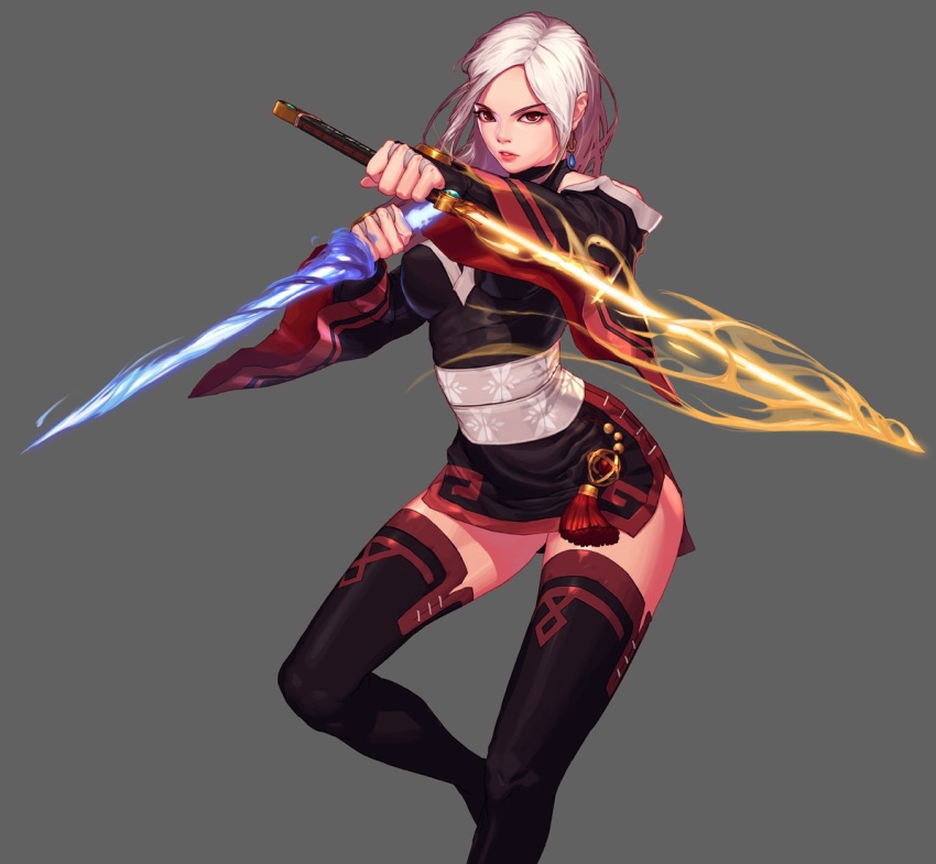 00s 1girl dual_wielding dungeon_and_fighter earrings energy_sword female_focus female_slayer_(dungeon_and_fighter) glowing holding jewelry long_hair looking_at_viewer male_slayer_(dungeon_and_fighter) red_eyes short_hair simple_background slayer solo sword vagabond weapon white_hair