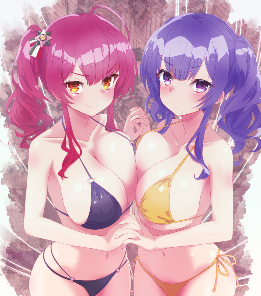 2girls ahoge arbiter1 azur_lane bare_arms bikini black_bikini blush breast_press breasts cleavage closed_mouth collarbone commentary_request hair_ornament highres holding_hands interlocked_fingers large_breasts long_hair looking_at_viewer multiple_girls navel o-ring o-ring_bikini pola_(azur_lane) purple_hair red_eyes red_hair side-tie_bikini_bottom sideboob sidelocks smile standing swimsuit symmetrical_docking twintails v-shaped_eyebrows yellow_bikini zara_(azur_lane)