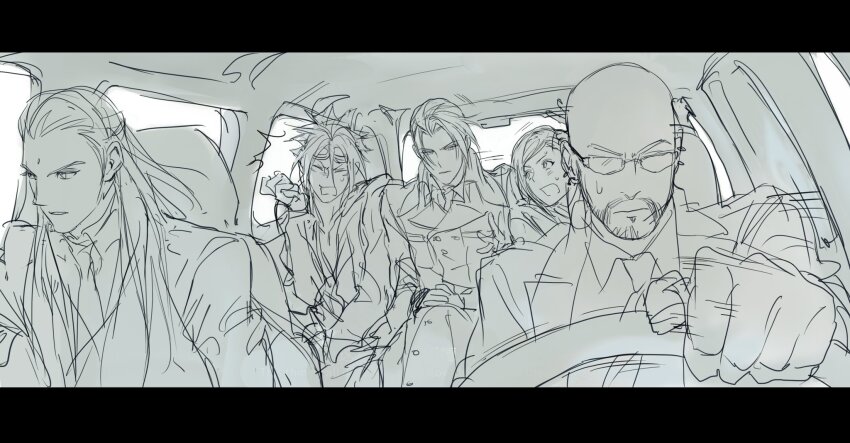 1girl 4boys bald bindi car collared_shirt driving elena_(ff7) facial_hair facial_mark final_fantasy final_fantasy_vii formal_clothes furrowed_brow goatee goggles goggles_on_head hair_between_eyes highres jacket long_hair motor_vehicle multiple_boys necktie open_mouth parted_bangs parted_lips quxiaochong reno_(ff7) rude_(ff7) rufus_shinra shirt sketch spiked_hair steering_wheel suit suit_jacket sunglasses sweatdrop swept_bangs tseng