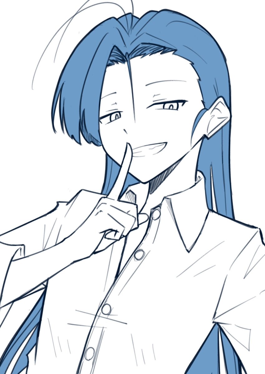 1girl ado_(utaite) ahoge blue_hair chandelier clenched_teeth collared_shirt commentary_request dress_shirt hair_between_eyes highres index_finger_raised long_hair looking_at_viewer merry_(ado) nori_(norinori_yrl) readymade_(ado) shirt simple_background solo teeth upper_body utaite white_background white_shirt
