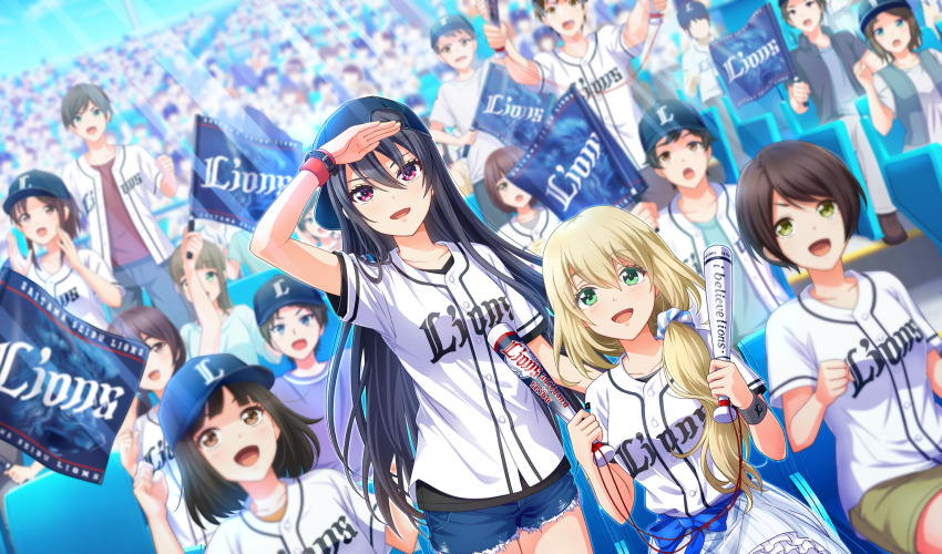 alternate_hairstyle baseball_cap baseball_stadium baseball_uniform black_hair black_undershirt blonde_hair blue_hat blue_shorts blurry cinderella_series depth_of_field dutch_angle flag game_cg green_eyes hachigatsu_no_cinderella_nine hair_between_eyes hand_on_own_forehead hat highres holding holding_flag light_rays long_hair looking_up low_side_ponytail multiple_boys multiple_girls nippon_professional_baseball non-web_source nozaki_yuuki official_art open_mouth red_eyes saitama_seibu_lions shinonome_ryo shirt shirt_under_shirt short_hair short_sleeves shorts sidelocks sitting sportswear standing sunbeam sunlight very_long_hair watch white_shirt wristwatch