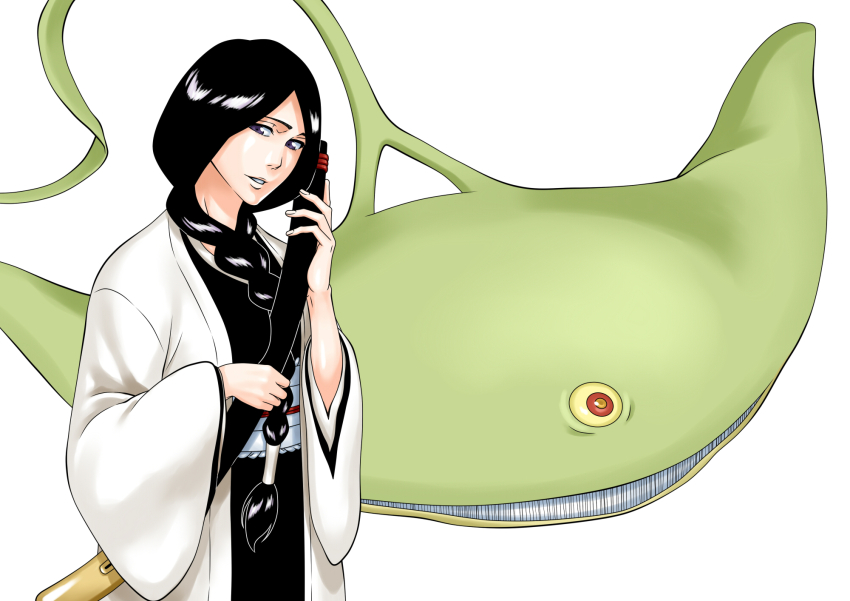 1girl black_hair black_kimono bleach bleachist braid colored_sclera commentary cowboy_shot hands_up haori highres holding holding_sheath japanese_clothes kimono kubo_tite_(style) long_hair long_sleeves looking_at_viewer mature_female minazuki_(shikai) nose official_style one-eyed parted_bangs parted_lips purple_eyes red_eyes sheath shikai simple_background single_braid smile solo taichou_haori teeth unohana_retsu very_long_hair white_background wide_sleeves yellow_sclera