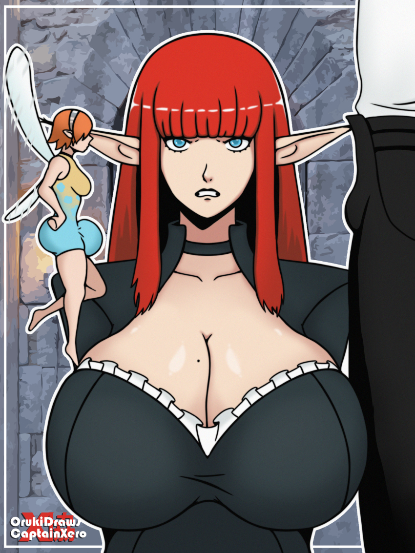1boy 1futa 1girl bulge captainxero fellatio futa_with_female futanari gallica_(metaphor:_refantazio) highres hulkenberg_(metaphor:_refantazio) humiliation metaphor:_refantazio netorare oral orukidraws protagonist_(metaphor:_refantazio) small_penis_humiliation tagme