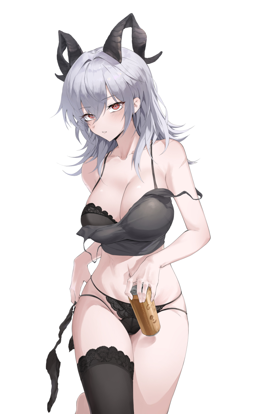 1girl absurdres bare_shoulders black_bra black_horns black_panties black_thighhighs bra bra_peek breasts camisole can cleavage collarbone commentary cowboy_shot curled_horns double_strap_slip drink_can grey_camisole grey_hair hair_between_eyes highres holding holding_can holding_unworn_clothes horns large_breasts light_blush long_hair looking_at_viewer luya_(luyachan) navel no_pants panties parted_lips red_eyes simple_background single_thighhigh solo stomach thighhighs thighs underwear white_background wuthering_waves zani_(wuthering_waves)