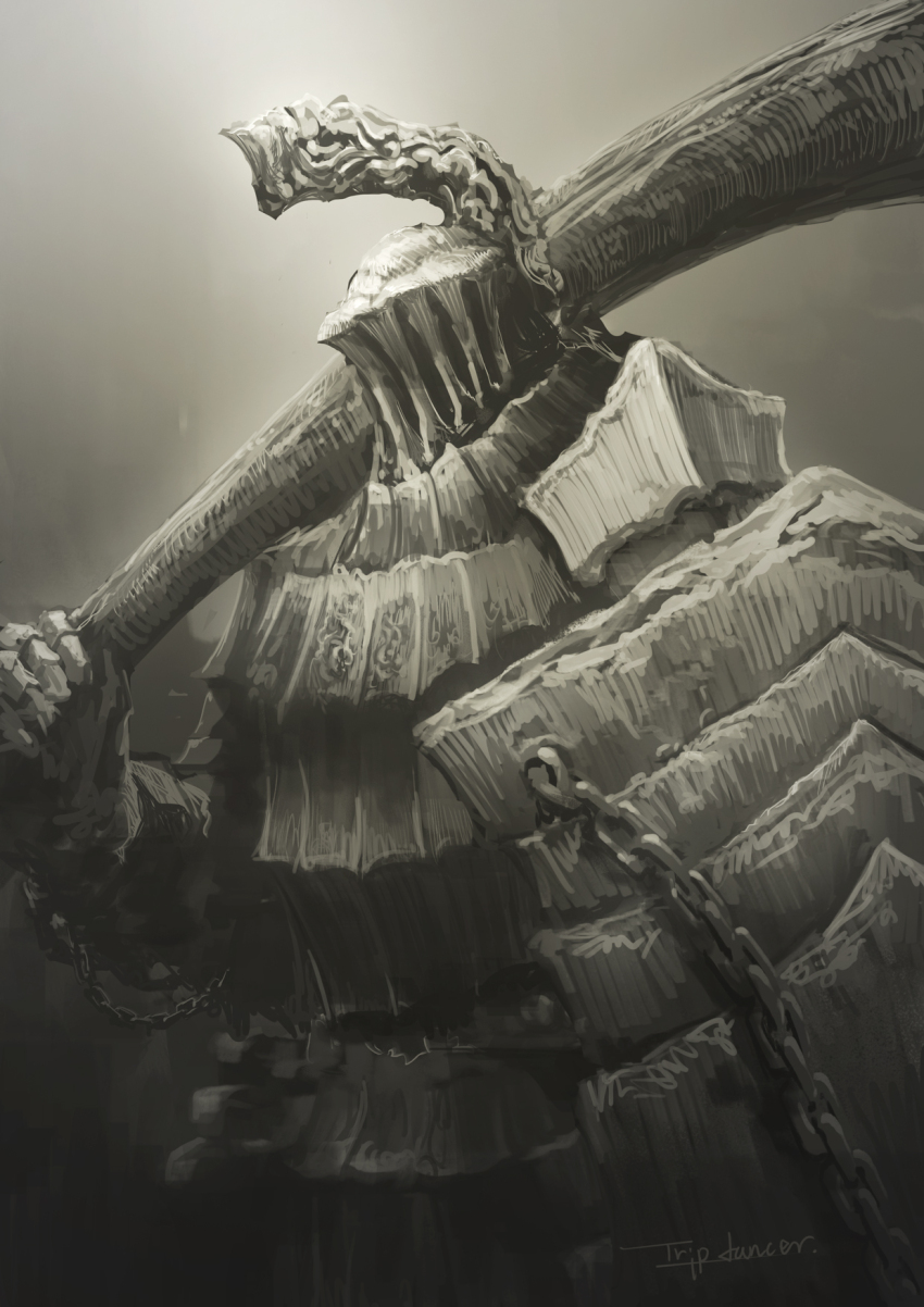 1boy armor artist_name dark_souls_(series) dark_souls_i from_side full_armor gradient_background greyscale havel_the_rock helm helmet highres holding holding_shield holding_weapon monochrome shield solo tripdancer weapon