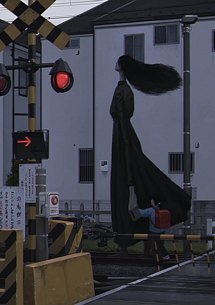 1boy 1girl backpack bag black_dress black_hair child commentary_request dress from_side height_difference highres holding_hands horror_(theme) house long_dress long_hair long_sleeves monster noinh original outdoors railroad_crossing railroad_signal railroad_tracks randoseru road tall_female urban