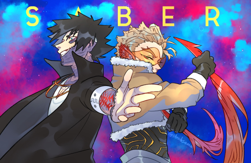 2boys back-to-back black_coat black_hair blonde_hair blue_eyes boku_no_hero_academia brown_jacket burn_scar coat crazy_grin crazy_smile cropped_jacket dabi_(boku_no_hero_academia) dual_wielding fate_(series) fur-trimmed_jacket fur_trim hawks_(boku_no_hero_academia) head_wings holding jacket jewelry male_focus multiple_boys multiple_scars necklace outstretched_arm scar scar_on_neck smile steohsama stitches sunglasses wings