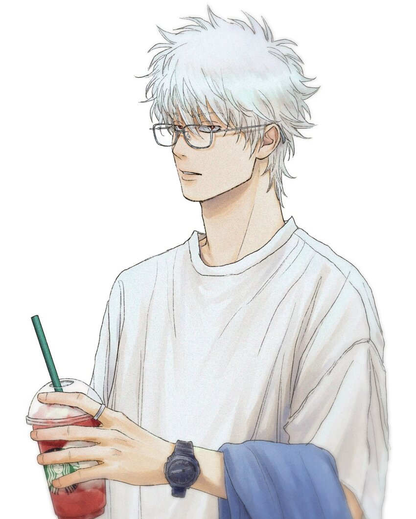 1boy bespectacled crew_neck cup disposable_coffee_cup disposable_cup drinking_straw gintama glasses grey-framed_eyewear highres holding holding_cup logo looking_at_viewer male_focus parted_lips red_eyes sakata_gintoki sanpaku shirt short_hair short_sleeves simple_background solo starbucks tmrmq towel towel_on_arm upper_body watch white_background white_hair white_shirt wristwatch