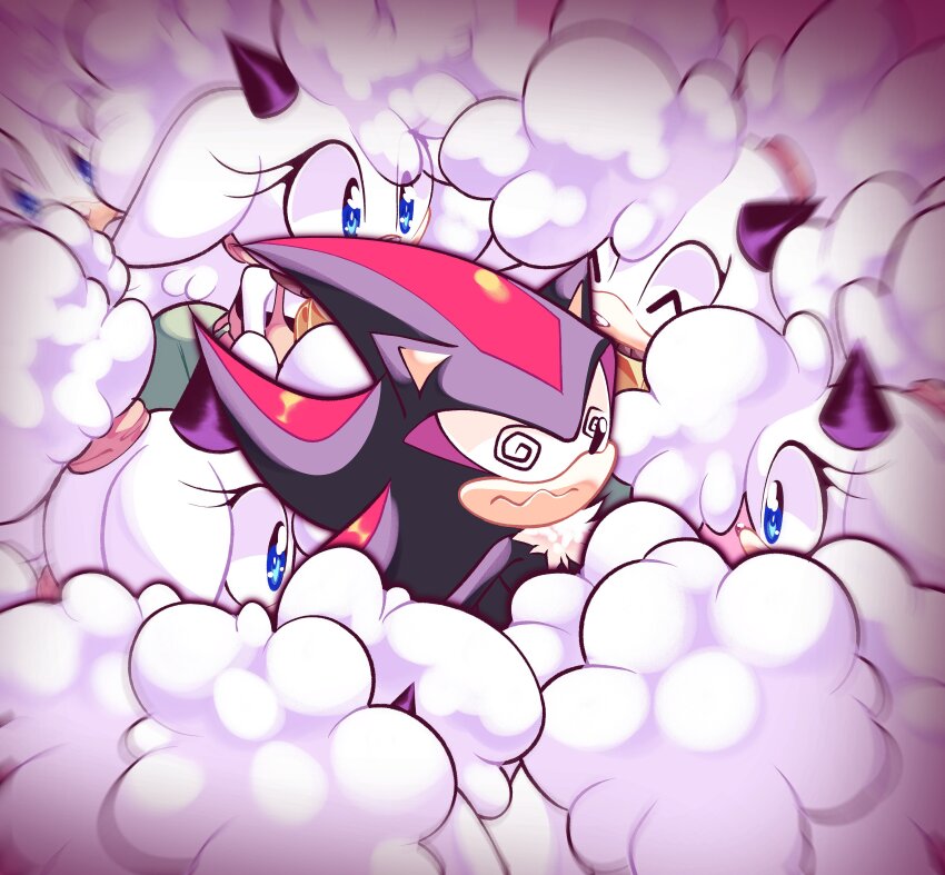 absurdres blue_eyes crowd eyelashes floppy_ears fluffy highres horns lanolin_the_sheep meme nano_(nanolovesyou) shadow_the_hedgehog sheep sheep_horns sonic_(series) sonic_the_hedgehog_(idw) tank_top