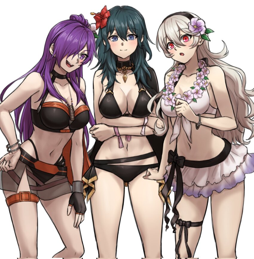 3girls bikini black_choker blue_eyes bracelet breasts choker cleavage crossed_arms female_byleth_(fire_emblem) female_byleth_(summer)_(fire_emblem) female_corrin_(fire_emblem) female_corrin_(novice_vacationer)_(fire_emblem) female_shez_(fire_emblem) female_shez_(summer)_(fire_emblem) fire_emblem fire_emblem:_three_houses fire_emblem_fates fire_emblem_heroes fire_emblem_warriors:_three_hopes flower flower_necklace green_hair hair_flower hair_ornament highres jewelry long_hair multiple_girls navel necklace nintendo official_alternate_costume open_mouth purple_eyes purple_hair red_eyes simple_background standing swimsuit thigh_strap white_background white_hair zuzu_(ywpd8853)
