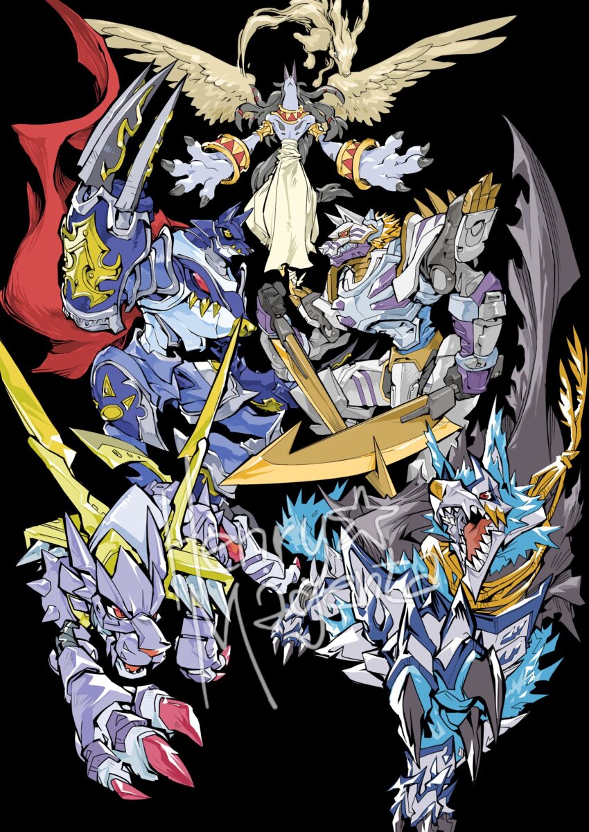 ancientgarurumon anubimon blue_fire claws cyborg digimon digimon_(creature) fenriloogamon fire highres metalgarurumon miragegaogamon open_mouth sharp_teeth spikes teeth tongue tongue_out