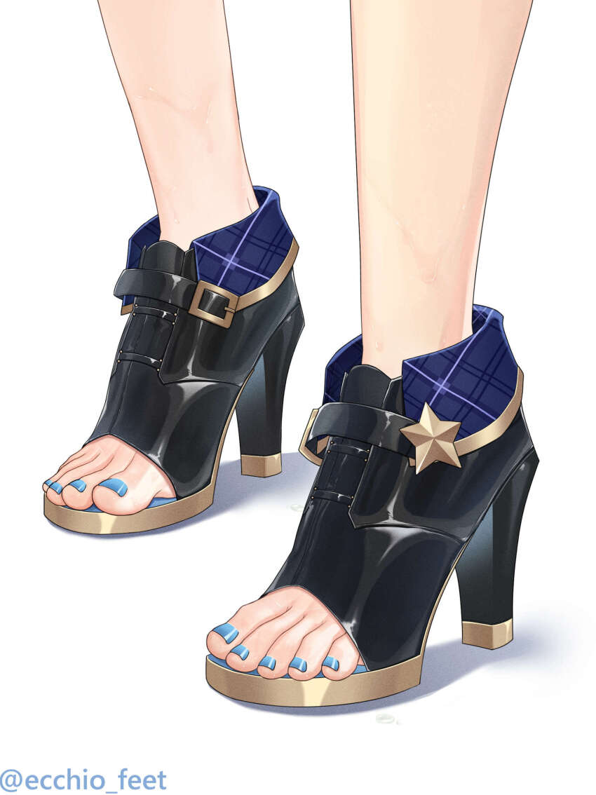 1girl absurdres artist_name blue_nails ecchi-o feet feet_only foot_focus footwear_focus gold_trim high_heels highres hololive hoshimachi_suisei nail_polish open-toe_shoes shadow simple_background solo sweat sweatdrop toenail_polish toenails toes twitter_username virtual_youtuber white_background
