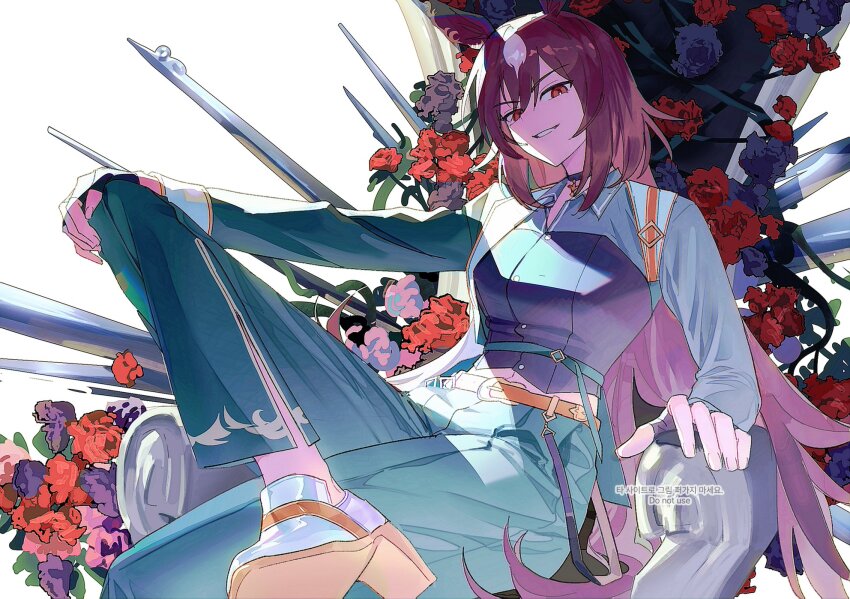 1girl 9nyo animal_ears black_choker black_gloves blue_flower blue_rose breasts brown_hair choker commentary ear_ornament fingerless_gloves flower gloves green_pants grin hand_on_own_knee highres horse_ears horse_girl horse_tail long_hair looking_at_viewer medium_breasts multicolored_hair pants plant purple_flower purple_rose red_eyes red_flower red_rose rose simple_background sirius_symboli_(umamusume) sitting sitting_on_throne smile solo tail throne umamusume very_long_hair vines white_background