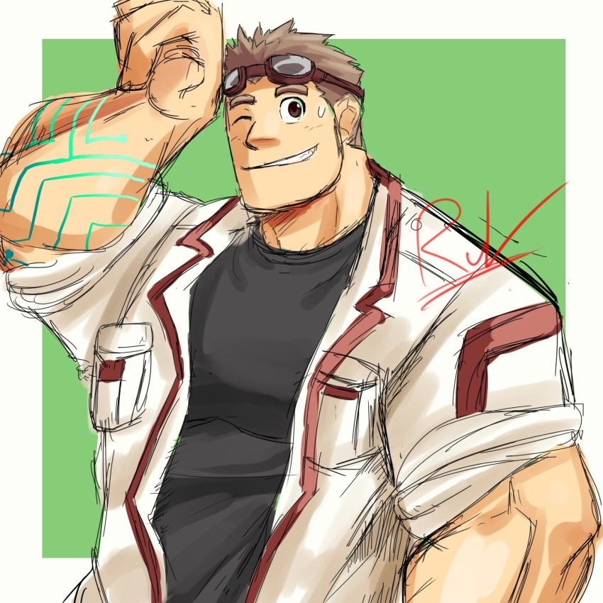 1boy bara body_markings brown_hair clenched_hand goggles goggles_on_head hand_up highres kajiya_kurogane large_pectorals looking_at_viewer male_focus muscular muscular_male open_jumpsuit pectorals ruvkun short_hair solo thick_eyebrows tokyo_houkago_summoners unfinished upper_body