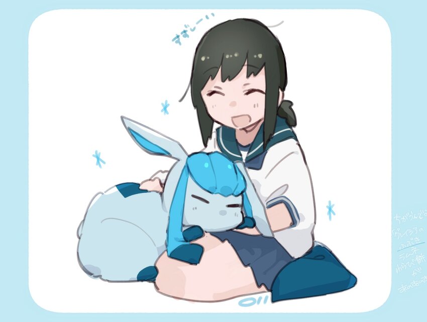 1girl black_hair blue_neckerchief blue_sailor_collar blue_skirt closed_eyes commentary crossover cushion fubuki_(kancolle) gen_4_pokemon glaceon highres kantai_collection low_ponytail ma_rukan neckerchief nintendo open_mouth pleated_skirt pokemon pokemon_(creature) ponytail sailor_collar school_uniform serafuku short_sleeves signature simple_background sitting skirt symbol-only_commentary