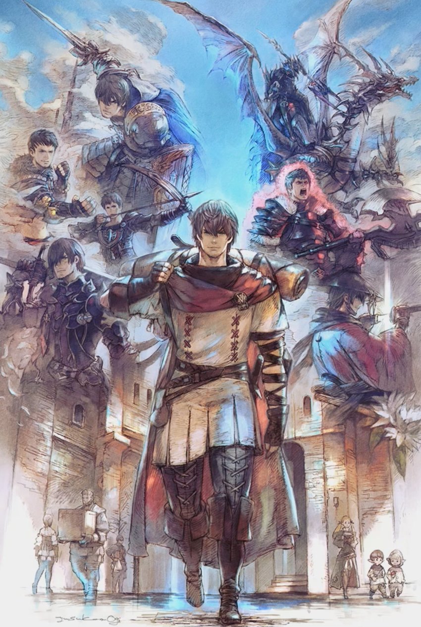 absurdres adventurer_(ff14) age_progression armor aura axe bard_(final_fantasy) beard boots bow cloak dark_knight_(final_fantasy) dragon dragoon_(final_fantasy) facial_hair fighting_stance final_fantasy final_fantasy_xiv greatsword highres midgardsormr_(final_fantasy) mogi_yuusuke monk_(final_fantasy) multiple_persona official_art over_shoulder paladin_(final_fantasy) riding samurai_(final_fantasy) shield shouting sword third-party_source warrior_(final_fantasy) warrior_of_light_(ff14) weapon weapon_over_shoulder