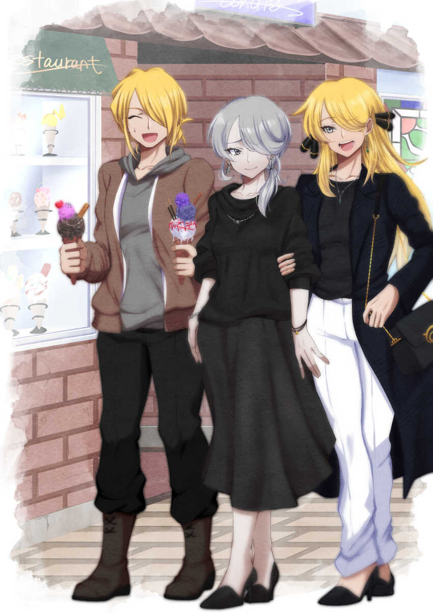 1boy 2girls :d bag black_jacket black_pants black_shoes blonde_hair boots bracelet brown_jacket chain closed_eyes cogita_(pokemon) commentary_request contemporary cynthia_(pokemon) day food grey_eyes grey_hair hair_ornament highres holding holding_another&#039;s_arm ice_cream jacket jewelry kikyouta long_hair multiple_girls nintendo open_clothes open_jacket open_mouth outdoors pants pants_tucked_in pokemon pokemon_dppt pokemon_legends:_arceus shirt shoes signature smile standing sweatdrop teeth volo_(pokemon) white_pants