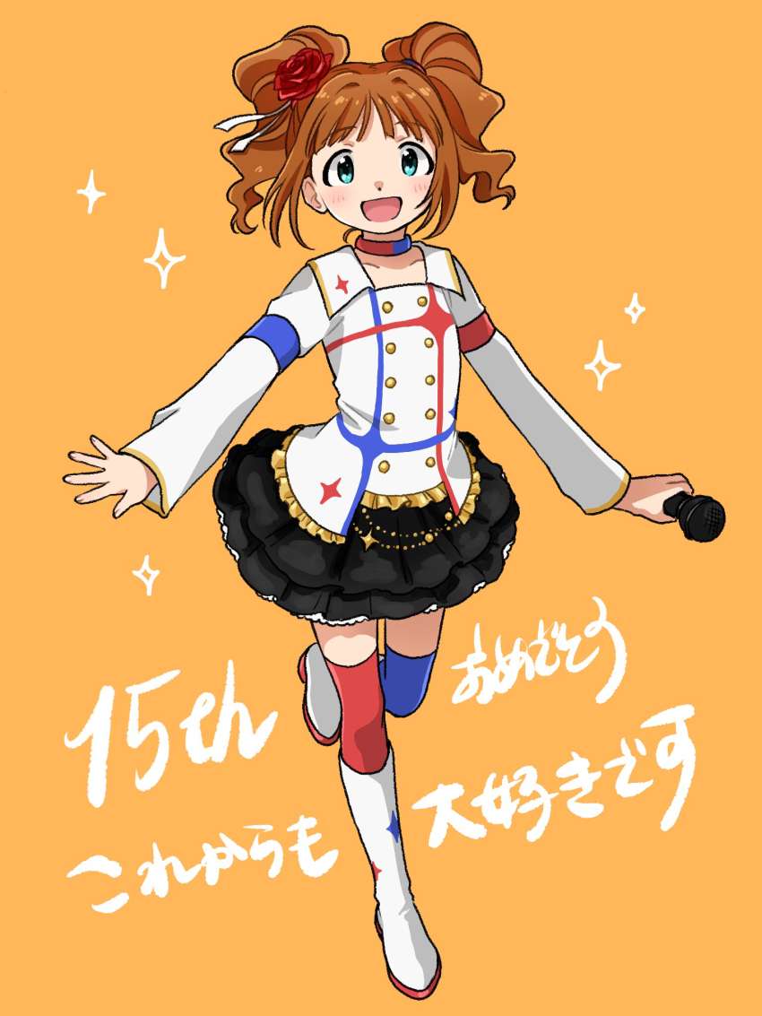 1girl :d aqua_eyes asymmetrical_legwear black_skirt blue_thighhighs boots flower frilled_skirt frills full_body hair_flower hair_ornament highres holding holding_microphone idolmaster idolmaster_(classic) idolmaster_movie leg_up long_sleeves looking_at_viewer microphone mismatched_legwear naruse_ill open_mouth orange_background orange_hair red_flower red_rose red_thighhighs rose shirt simple_background skirt smile solo sparkle standing standing_on_one_leg starpiece_memories_(idolmaster) takatsuki_yayoi thighhighs twintails two-tone_choker white_boots white_shirt
