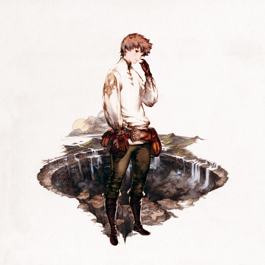 1boy belt belt_pouch black_pants boots bravely_default:_flying_fairy bravely_default_(series) brown_belt brown_boots brown_eyes brown_gloves brown_hair closed_mouth cloud full_body gloves highres knee_boots long_sleeves looking_down male_focus mountain official_art pants pouch protected_link psd_available second-party_source shirt short_hair solo standing tiz_arrior water waterfall white_background white_shirt yoshida_akihiko