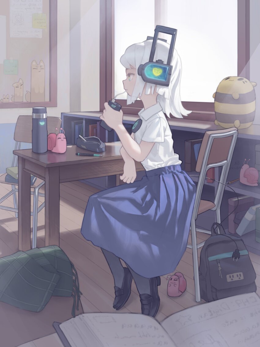 1girl absurdres android backpack bag bk_(bkbbkbkk) black_shoes blue_eyes blue_skirt book borrowed_character bright_pupils chair charging classroom collared_shirt desk digitan_(porforever) electric_plug female_focus highres indoors long_skirt original pencil_case power_bank power_symbol profile robot_ears school_uniform shirt shirt_tucked_in shoes sidelighting sitting sitting_sideways skirt snail solo tail usb white_hair white_pupils white_shirt window wooden_floor