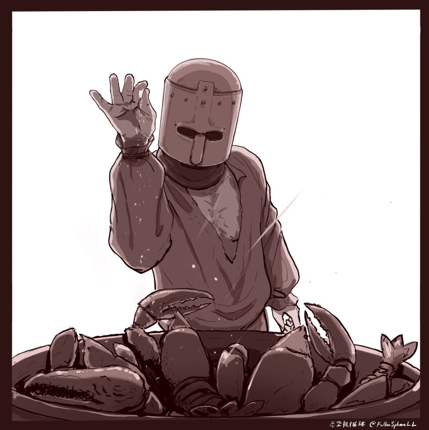 1boy blackguard_big_boggart cooking elden_ring fallenspherell helmet highres lobster long_sleeves male_focus meme pot salt salt_bae_(meme) sepia shirt signature solo torn_clothes torn_shirt twitter_username
