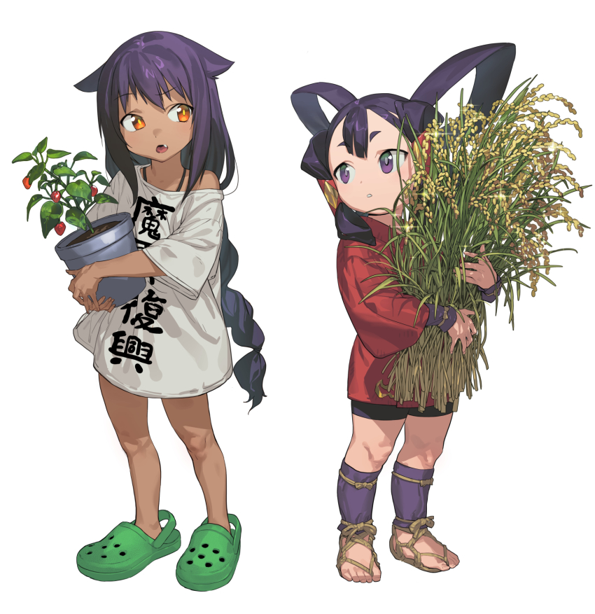 2girls bike_shorts clothes_writing commentary crocs crossover dark-skinned_female dark_skin fang full_body hair_flaps hair_rings hair_tubes highres holding holding_plant jahy jahy-sama_wa_kujikenai! japanese_clothes kimono leg_wrap long_hair long_sleeves looking_at_another low-braided_long_hair low-tied_long_hair mizura multiple_girls no_pants no_socks open_mouth orange_eyes plant purple_eyes purple_hair raised_eyebrow red_kimono rice_(plant) sakuna-hime shirt short_kimono simple_background soosaresu standing symbol-only_commentary t-shirt tensui_no_sakuna-hime waraji white_background