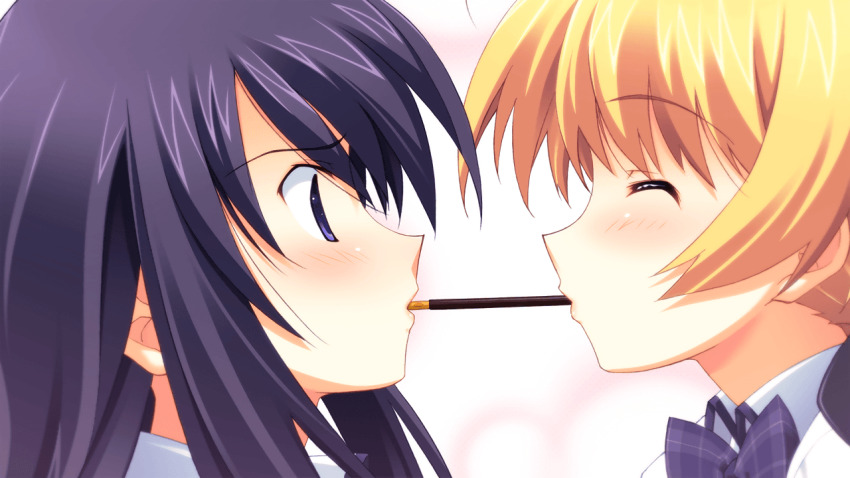 2girls aoi_sena black_bow blonde_hair blush bow bowtie chaos;head chaos;head_love_chu_chu! closed_eyes collared_shirt face-to-face food food_in_mouth game_cg hair_bow imminent_kiss incoming_pocky_kiss long_hair long_sidelocks looking_at_another matsuo_yukihiro mouth_hold multiple_girls non-web_source official_art orihara_kozue pink_lips plaid_bow plaid_bowtie plaid_clothes pocky pocky_in_mouth pocky_kiss purple_bow purple_bowtie purple_eyes purple_hair school_uniform shared_food shiny_eyes shiny_lips shiny_skin shirt sidelocks suimei_school_uniform suimei_summer_uniform twintails white_shirt yuri