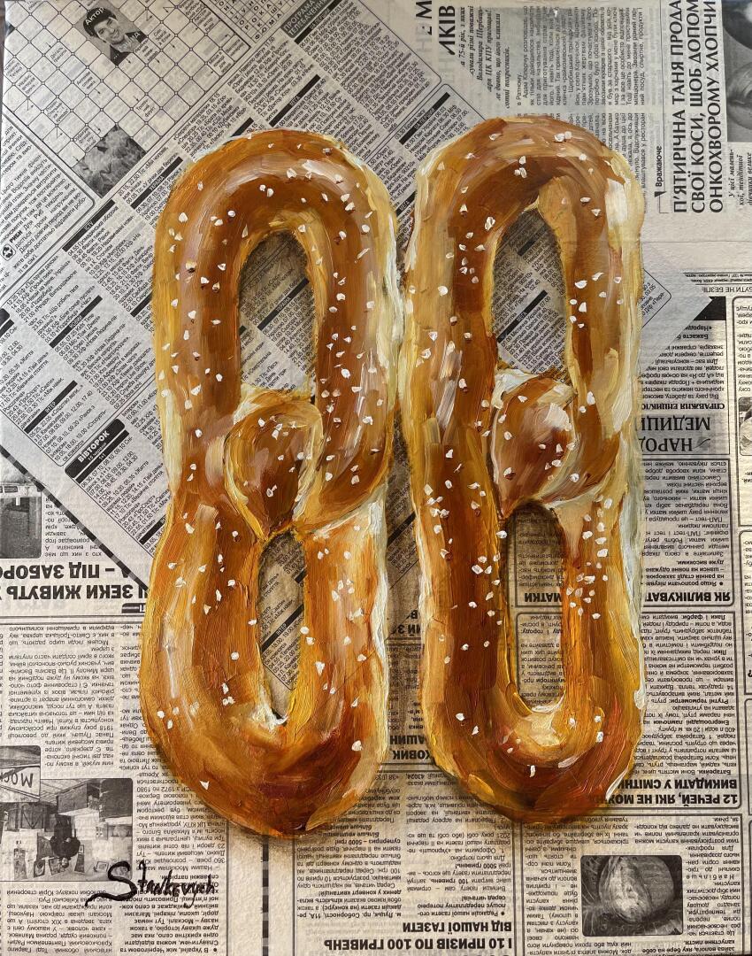 absurdres food food_focus highres julia_stankevych newspaper no_humans oil_painting_(medium) original painting_(medium) pretzel realistic salt signature still_life traditional_media wall_of_text