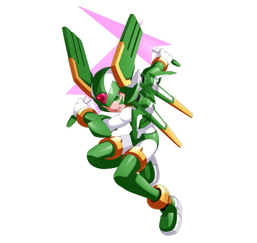 1boy absurdres android armor dual_wielding energy_sword facial_mark forehead_jewel full_body green_armor green_eyes green_helmet helmet highres holding holding_sword holding_weapon jwc_vevo male_focus mechanical_wings mega_man_(series) mega_man_zero_(series) sage_harpuia_(mega_man) simple_background solo sword weapon white_background wings