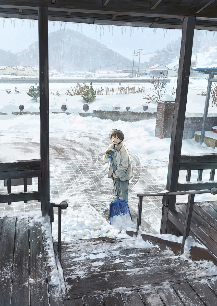 1boy ^_^ absurdres bare_tree blue_pants blue_shirt boots brick brown_gloves brown_hair building bush closed_eyes coat commentary day denim english_commentary forest gloves grin guard_rail highres hill icicle jeans long_sleeves male_focus nature open_clothes open_coat original outdoors overcast pants power_lines railing shirt shovel shoveling sky smile snow snow_shovel snowing standing stone_wall toti_(lanaq) town tree utility_pole veranda white_coat wide_shot winter winter_clothes winter_coat wooden_ceiling wooden_floor wooden_railing wooden_stairs