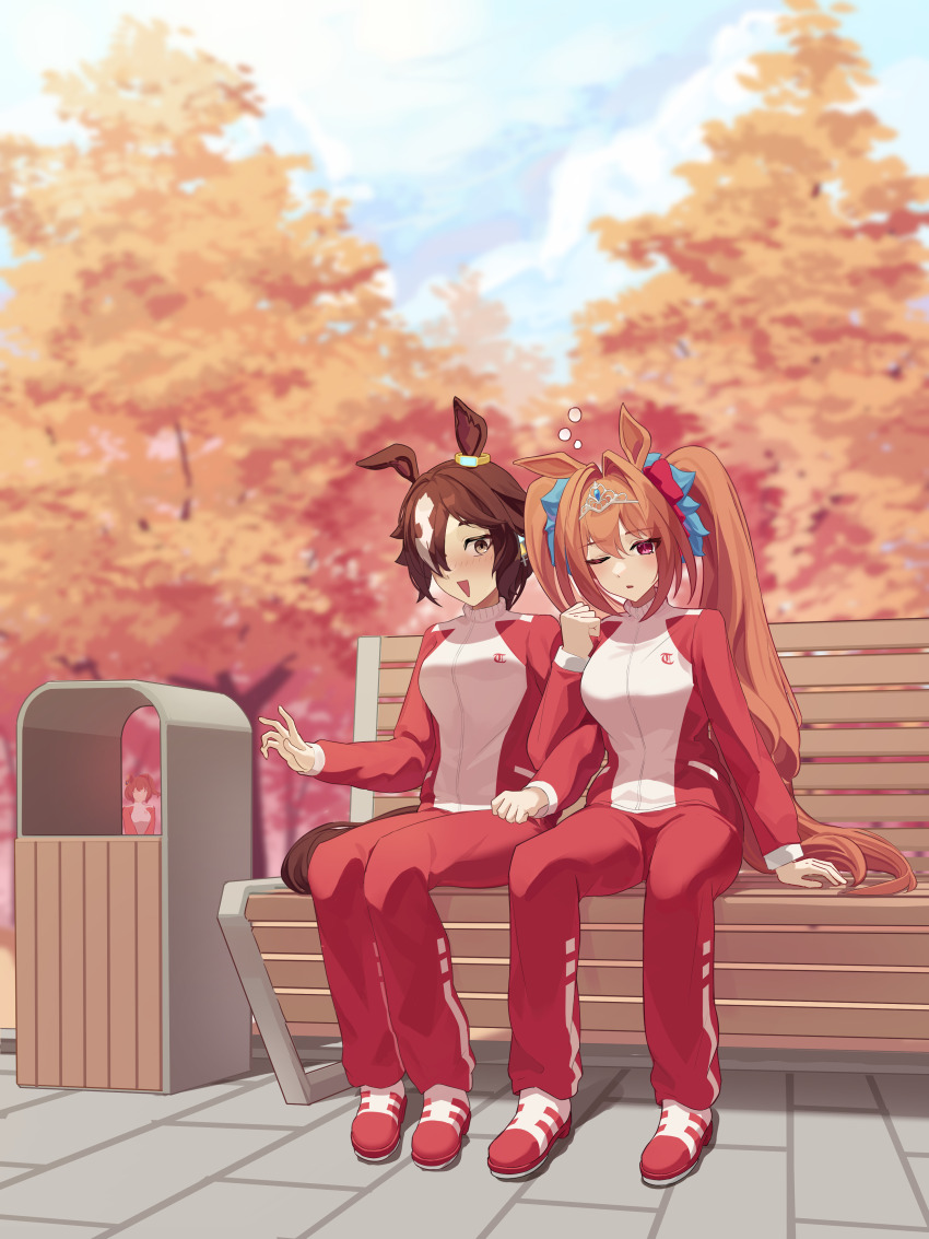 3girls absurdres animal_ears aston_machan_(umamusume) bench blue_sky blurry blurry_background brown_eyes brown_hair cloud commentary_request daiwa_scarlet_(umamusume) day depth_of_field hair_intakes hair_over_one_eye highres horse_ears horse_girl horse_tail jacket kitsunezaki long_hair long_sleeves multicolored_hair multiple_girls on_bench outdoors pants park_bench puffy_long_sleeves puffy_sleeves red_eyes red_jacket red_pants shoes single_ear_down sitting sky tail tiara track_jacket track_pants track_suit tree two-tone_hair umamusume very_long_hair vodka_(umamusume) white_hair white_shoes