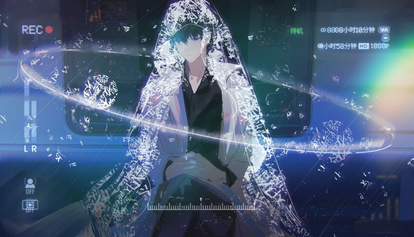 1boy absurdres black_eyes black_hair black_shirt blurry_border coat collared_shirt crossed_legs fake_video frown hair_over_one_eye hands_on_lap haze highres jacket jacket_on_shoulders kim_dokja korean_text lantercat light_particles looking_at_viewer male_focus omniscient_reader&#039;s_viewpoint orbital_path planet rainbow shirt sitting sky solo space star_(sky) starry_sky train_interior veil white_coat