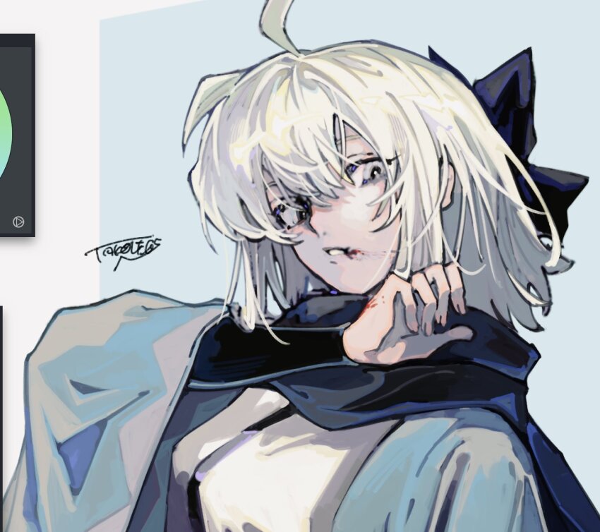 1girl ahoge black_arm_warmers blonde_hair blood blood_on_face blue_scarf endo_(takolegs) fate/grand_order fate_(series) haori highres japanese_clothes looking_at_viewer okita_souji_(fate) parted_lips scarf short_hair signature solo wiping_mouth