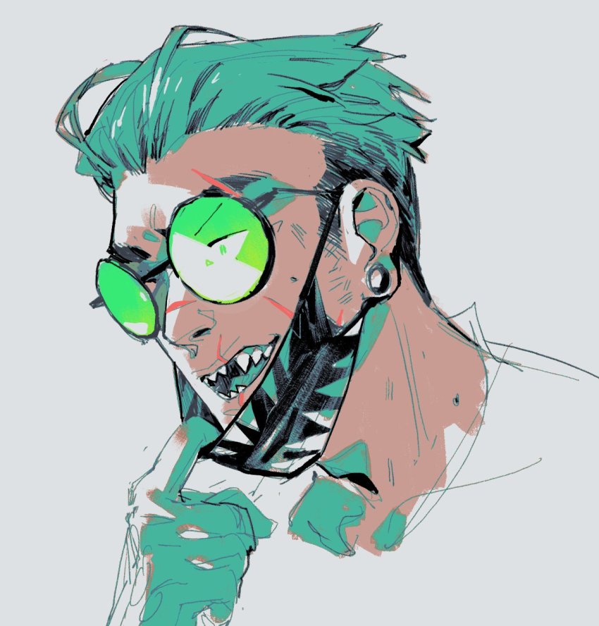 1boy apex_legends aqua_gloves aqua_hair commentary english_commentary gloves hair_behind_ear head_only highres looking_to_the_side male_focus mask mask_pull missing_tooth mouth_mask octane_(apex_legends) open_mouth round_eyewear sarah_stone sharp_teeth sketch solo sunglasses teeth undercut
