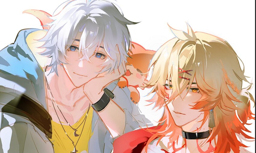 2boys alternate_costume black_choker black_shirt blonde_hair blue_eyes chimera_(honkai:_star_rail) choker collarbone creature creature_on_shoulder earrings facial_tattoo gold_earrings gradient_hair hair_between_eyes hair_ornament hairpin hand_on_own_face head_rest honkai:_star_rail honkai_(series) hood hood_down hoodie jewelry looking_at_viewer male_focus medium_hair multicolored_hair multiple_boys mydei_(honkai:_star_rail) neck_tattoo necklace on_shoulder open_clothes open_hoodie phainon_(honkai:_star_rail) red_hair red_tattoo shirt short_hair simple_background suirandanshihao tattoo watch white_background white_hair wristwatch yellow_eyes yellow_shirt