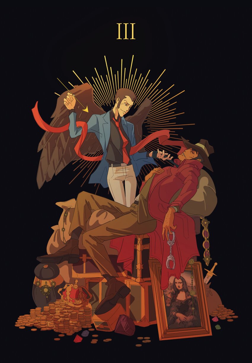2boys absurdres arrow_(projectile) arsene_lupin_iii black_background black_shirt black_wings blue_jacket bones_(artofbones) box brown_footwear brown_hat brown_pants cleft_chin closed_mouth coat coin crown fine_art_parody gem gold_coin hat highres holding holding_arrow jacket long_sideburns looking_at_another lupin_iii male_focus mature_male mona_lisa money multiple_boys pants parody red_coat ribbon roman_numeral sack shirt short_hair sideburns sword weapon white_pants wings yaoi zenigata_kouichi