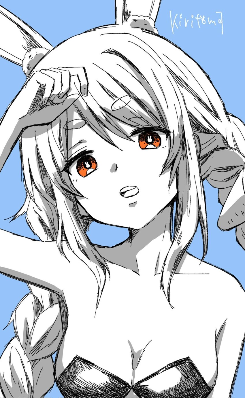 1girl animal_ear_fluff animal_ears arm_up bare_arms bare_shoulders blue_background braid breasts brown_eyes collarbone commentary_request hair_between_eyes head_tilt highres hololive kiritoma leotard long_hair looking_at_viewer medium_breasts open_mouth rabbit-shaped_pupils rabbit_ears short_eyebrows signature simple_background solo strapless strapless_leotard symbol-shaped_pupils teeth thick_eyebrows twin_braids twintails upper_body upper_teeth_only usada_pekora usada_pekora_(1st_costume) very_long_hair virtual_youtuber