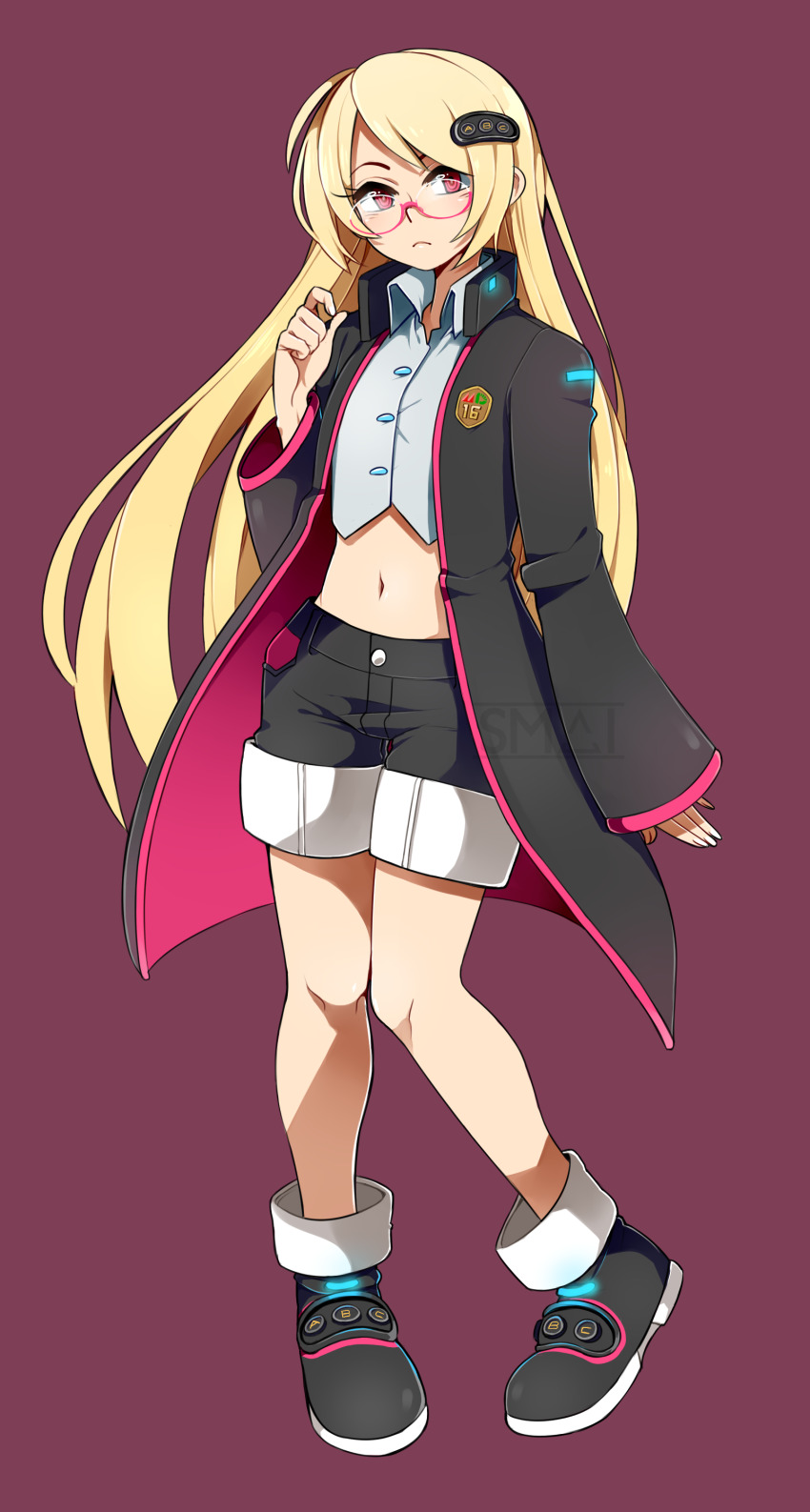 1girl absurdres blonde_hair boots commentary english_commentary flat_chest full_body game_console glasses hair_ornament hairclip highres long_coat long_hair midriff navel personification pink-framed_eyewear purple_background red_eyes sami_briggs sega_hard_girls sega_mega_drive sega_mega_drive_(sega_hard_girls) semi-rimless_eyewear shorts solo under-rim_eyewear watermark