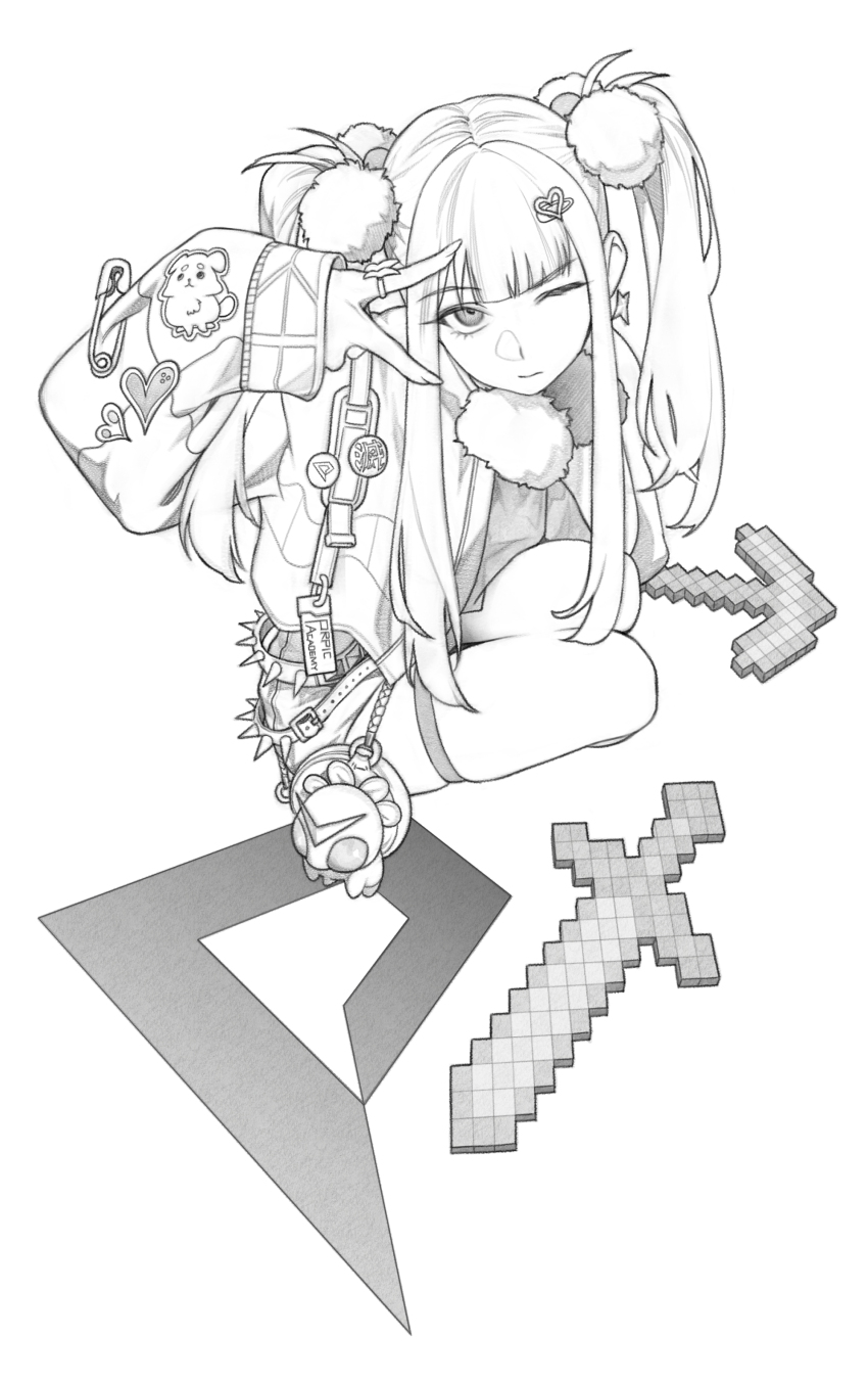 1girl absurdres blunt_bangs closed_mouth company_logo greyscale gyaru_v hair_ornament hand_up heart heart_hair_ornament highres jacket minecraft_sword monochrome one_eye_closed original pom_pom_(clothes) pom_pom_hair_ornament short_shorts shorts sidelocks sitting solo sowasi sword thigh_strap two_side_up v weapon white_background yokozuwari