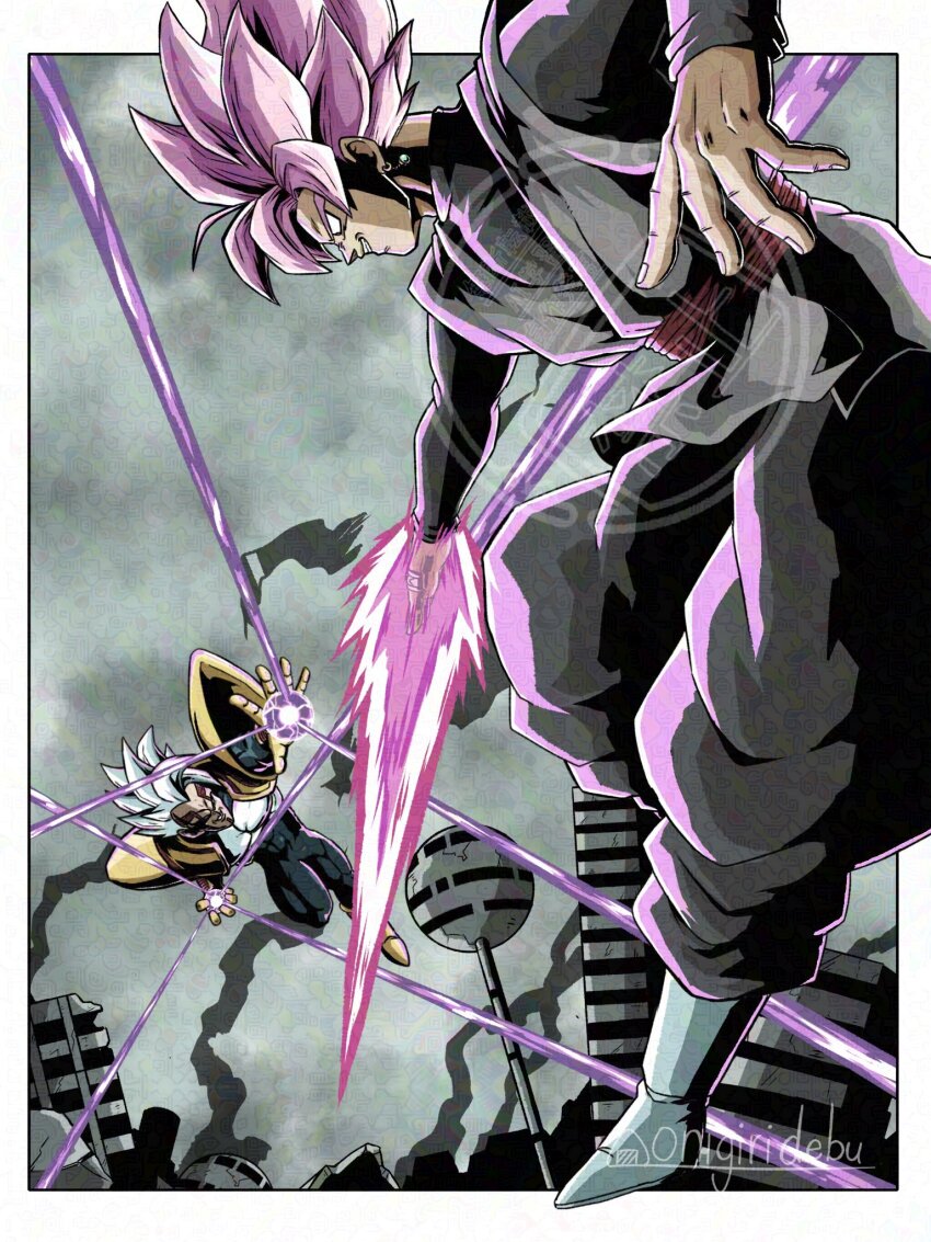 2boys arm_blade artist_name baby_vegeta battle black_bodysuit black_pants black_shirt bodysuit boots debudebumetabo dougi dragon_ball dragon_ball_gt dragon_ball_super earrings energy_sword goku_black grey_hair grey_tunic highres in-franchise_crossover jewelry male_focus medium_hair midair multiple_boys pants pink_hair potara_earrings red_sash sash shirt single_earring smirk spiked_hair sword trait_connection tunic weapon white_boots
