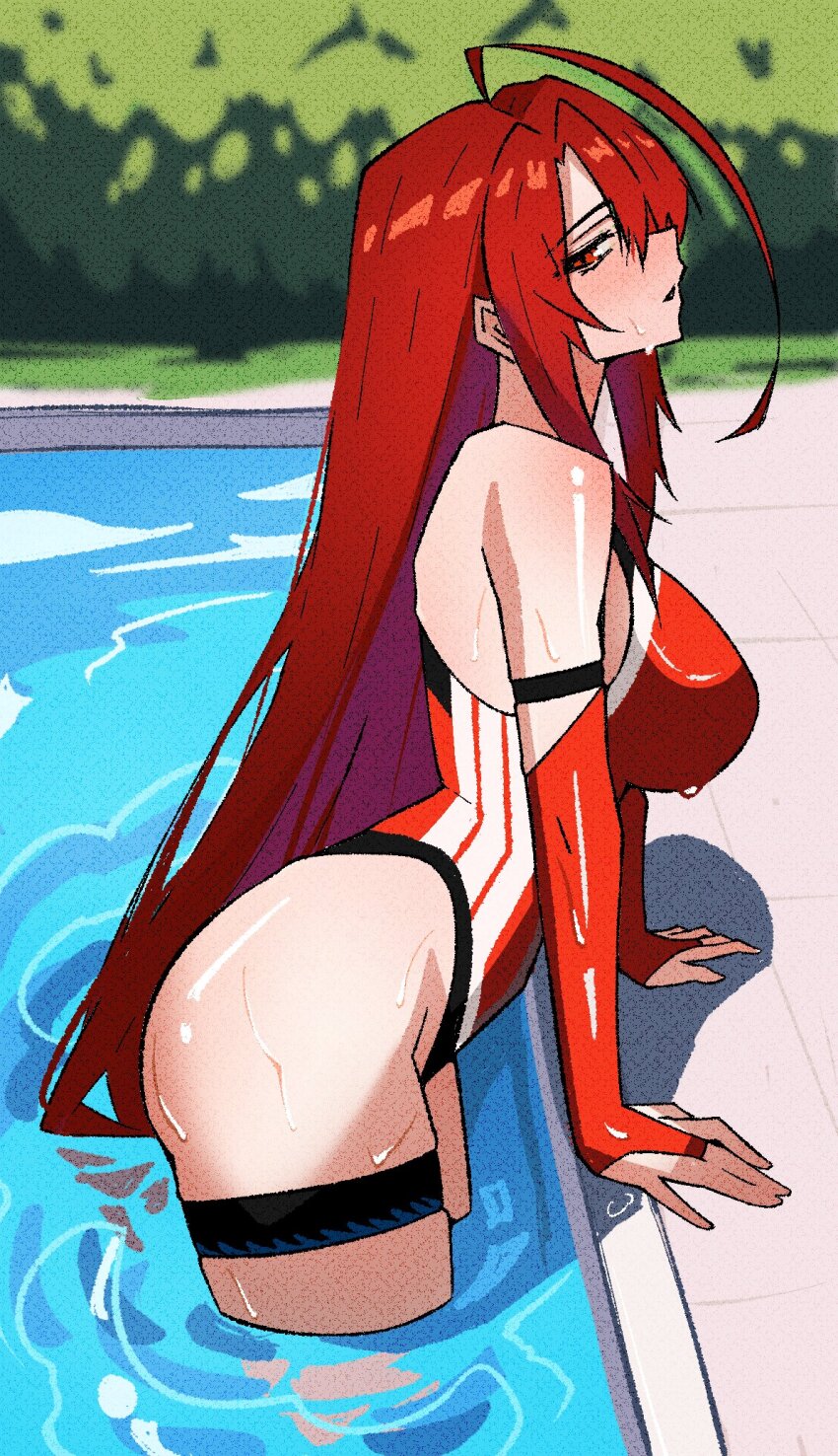 1girl ahoge arm_support breasts bridal_gauntlets bush competition_swimsuit day elizabeth_rose_bloodflame elizabeth_rose_bloodflame_(holonatsu_paradise) from_side hashtag-only_commentary highleg highleg_one-piece_swimsuit highres hololive hololive_english huge_ahoge large_breasts long_hair looking_at_viewer official_alternate_costume one-piece_swimsuit outdoors parted_lips pool poolside profile red_eyes red_hair red_one-piece_swimsuit ritorugalaxy sideways_glance sideways_mouth skindentation solo swimsuit thigh_strap very_long_hair virtual_youtuber water water_drop wet
