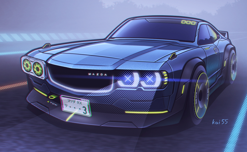 artist_name blue_car car glowing headlight_beam highres hologram kai55 mazda mazda_rx-3 motor_vehicle original redesign science_fiction shadow sports_car vehicle_focus