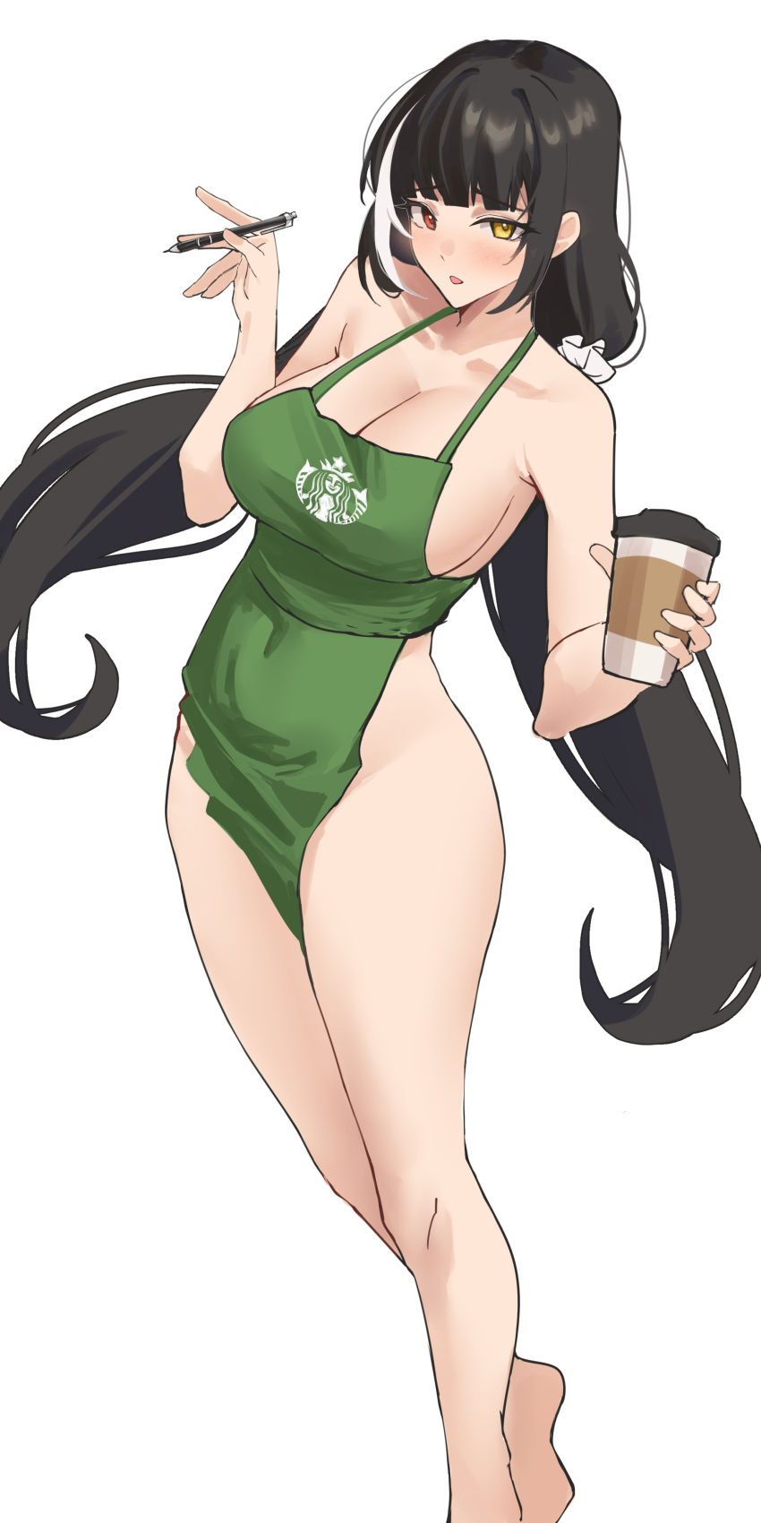 1girl absurdres alternate_costume apron barefoot blush breasts brown_hair cleavage commentary commission cup disposable_cup english_commentary girls&#039;_frontline hair_ornament hair_scrunchie heterochromia highres holding holding_cup holding_pen large_breasts long_hair looking_at_viewer multicolored_hair naked_apron open_mouth pen pinepin red_eyes ro635_(girls&#039;_frontline) scrunchie solo streaked_hair white_background white_hair white_scrunchie yellow_eyes
