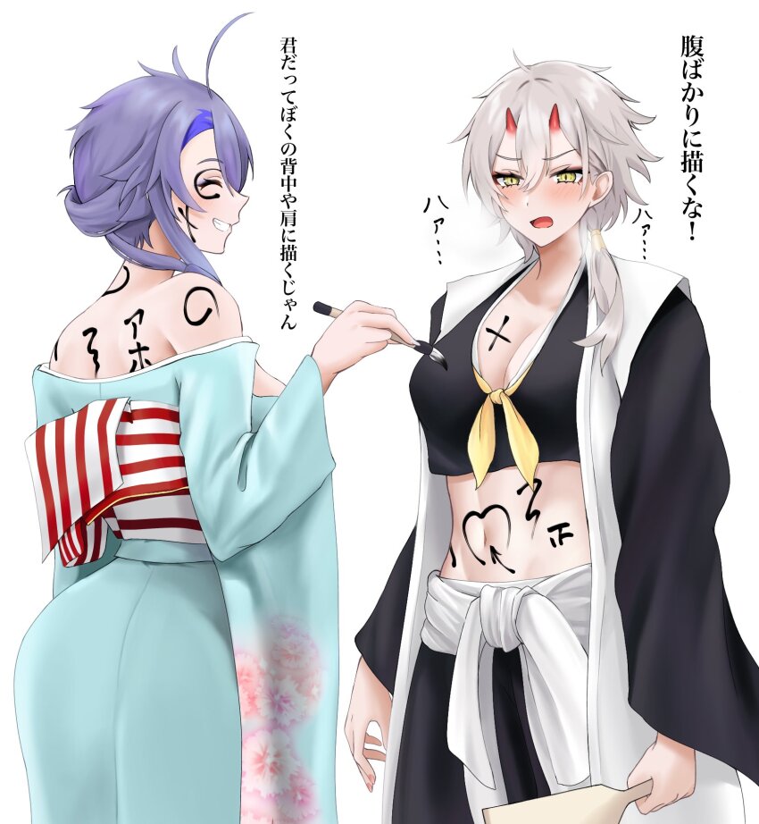 2girls ^_^ ahoge ass azur_lane banba_(jakqbigone) black_shirt blue_kimono blush body_writing breasts calligraphy_brush cleavage closed_eyes commentary cowboy_shot crop_top floral_print foch_(azur_lane) grey_hair grin hair_between_eyes highres holding holding_brush horns japanese_clothes kimono kinu_(azur_lane) large_breasts long_hair midriff multiple_girls navel paintbrush purple_hair shirt short_hair simple_background smile standing stomach translation_request white_background yellow_eyes