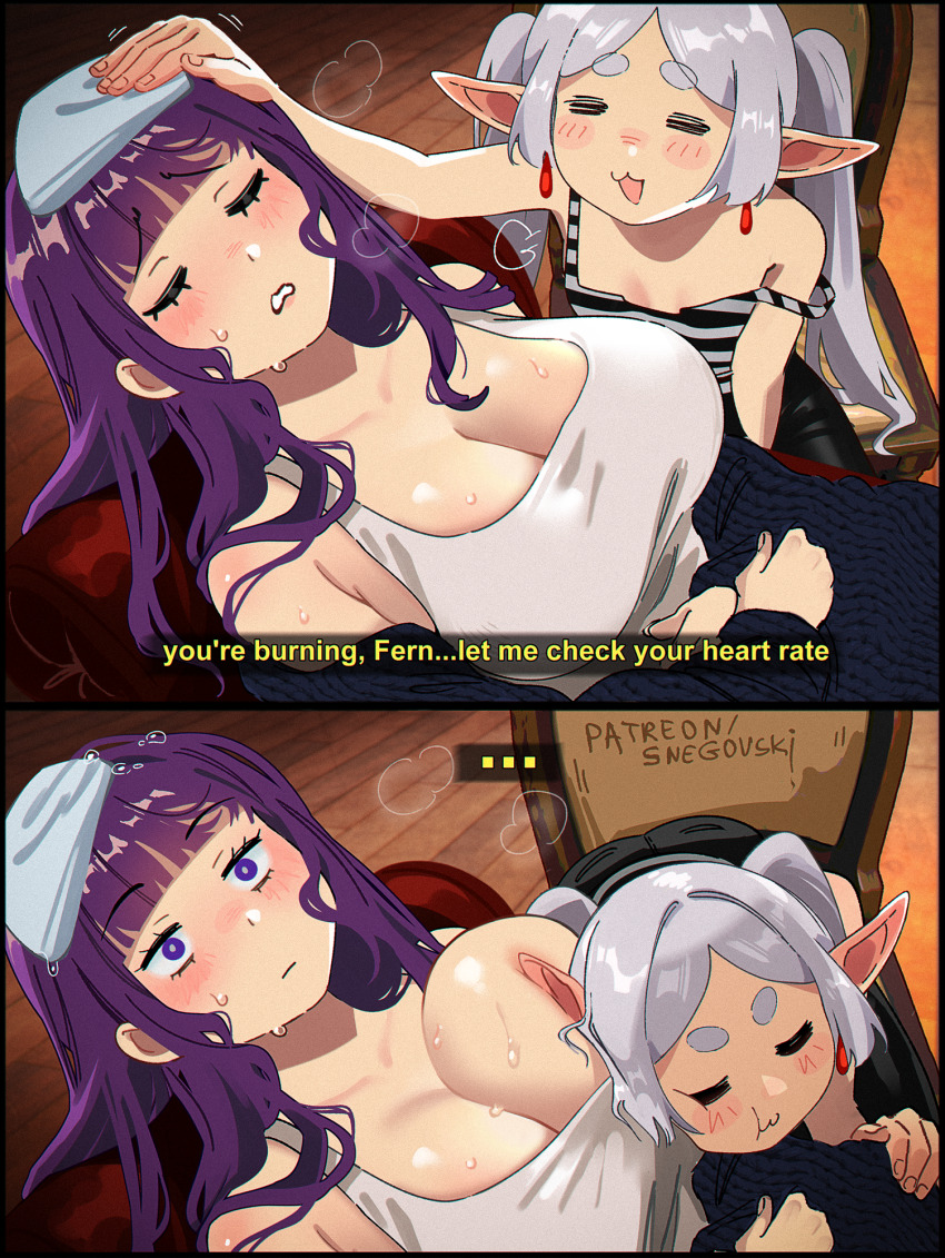 2girls 2koma :3 =_= blunt_bangs blush breasts cleavage closed_eyes collarbone comic earrings elf english_text expressionless fern_(sousou_no_frieren) fever frieren grey_hair head_on_chest highres indoors jewelry large_breasts long_hair multiple_girls patreon_username pointy_ears purple_eyes purple_hair shiny_skin sick sidelocks snegovski sousou_no_frieren sweat tank_top thick_eyebrows