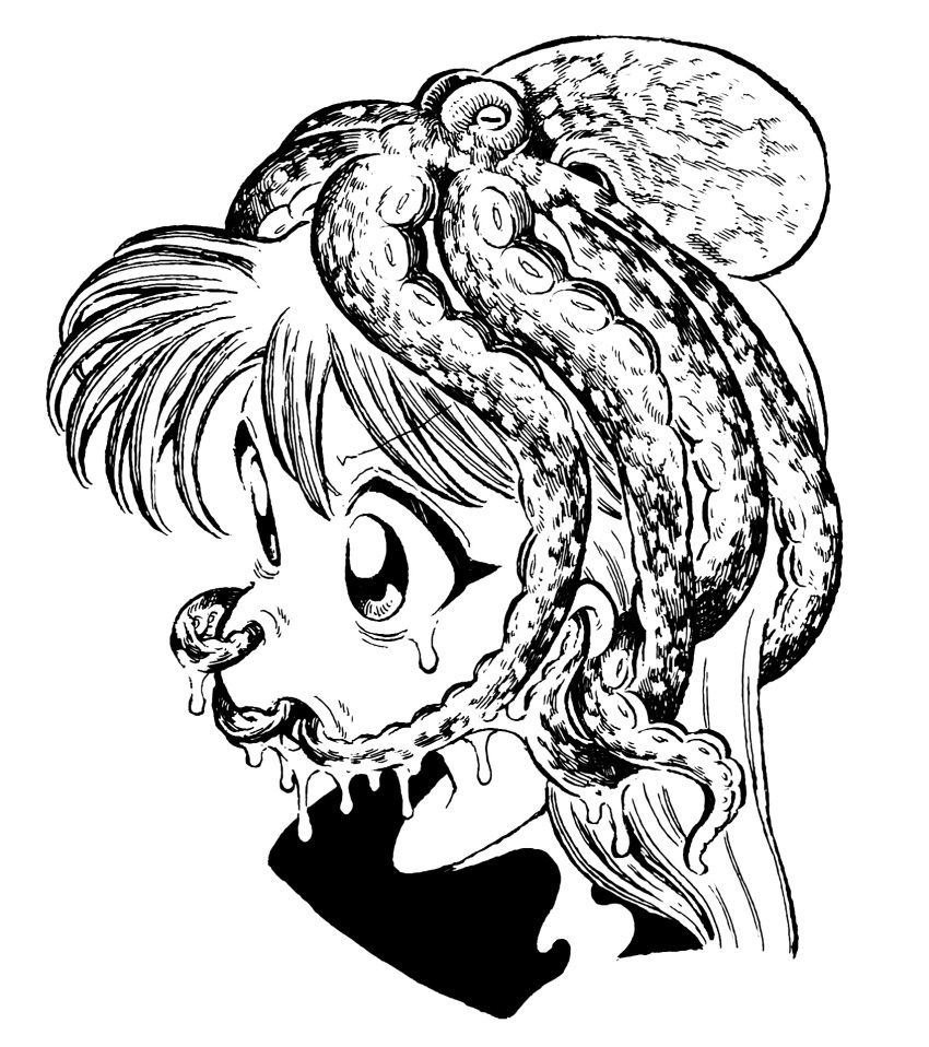 15ooo 1girl deformed dripping eyelashes highres long_hair octopus original shirt solo t-shirt tears tentacle_in_ear tentacle_in_mouth tentacle_in_nose wet