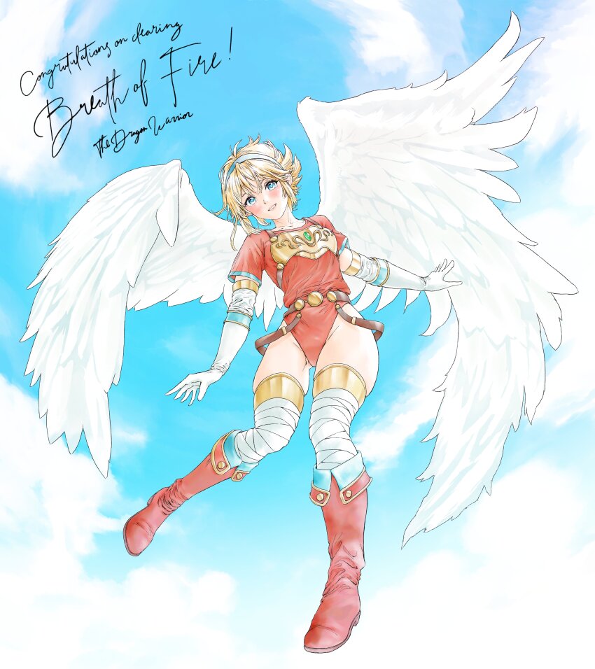 1girl absurdres angel_wings armor blonde_hair boots breastplate breath_of_fire breath_of_fire_i elbow_gloves feathered_wings full_body gloves green_eyes hairband highres knee_boots leotard looking_at_viewer momo_oddeye nina_(breath_of_fire_i) open_mouth red_leotard short_hair smile solo thighhighs white_wings wings